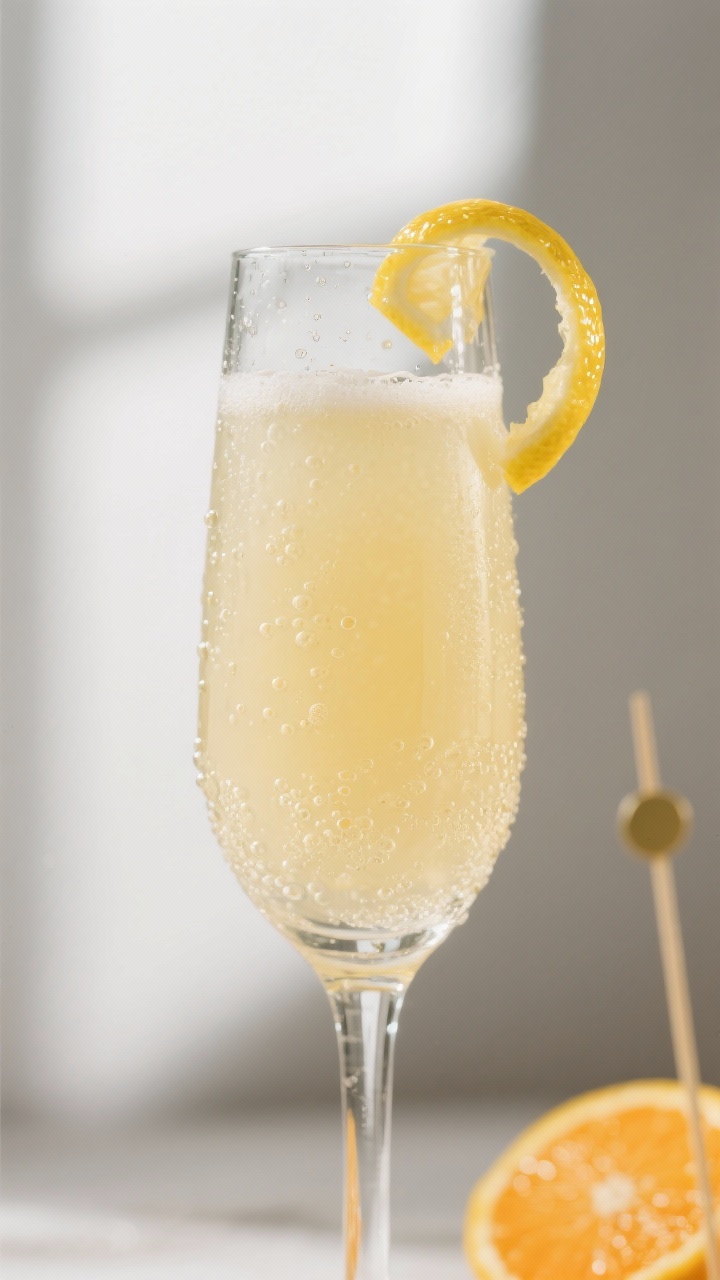 Close-up detail: A finished Keto Mimosa in a chilled Champagne flute, tiny streams of bubbles rising