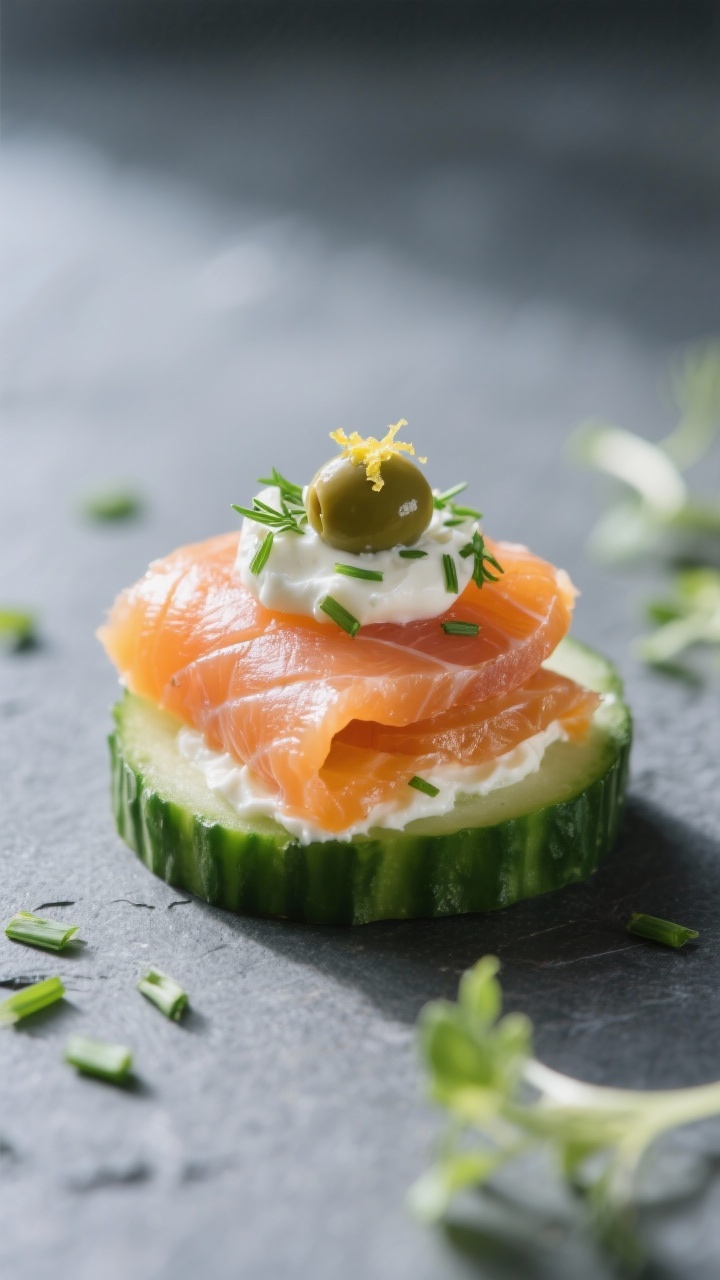 Close-up detail: A finished smoked salmon bite on a cucumber base, topped with a silky ribbon of col