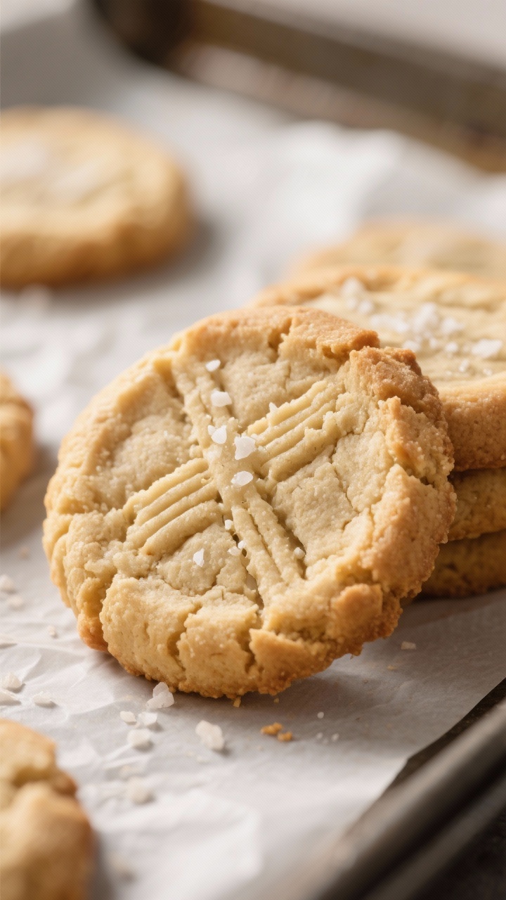 Close-up detail: A freshly baked almond flour cookie just off the tray, crisp golden edges with a so
