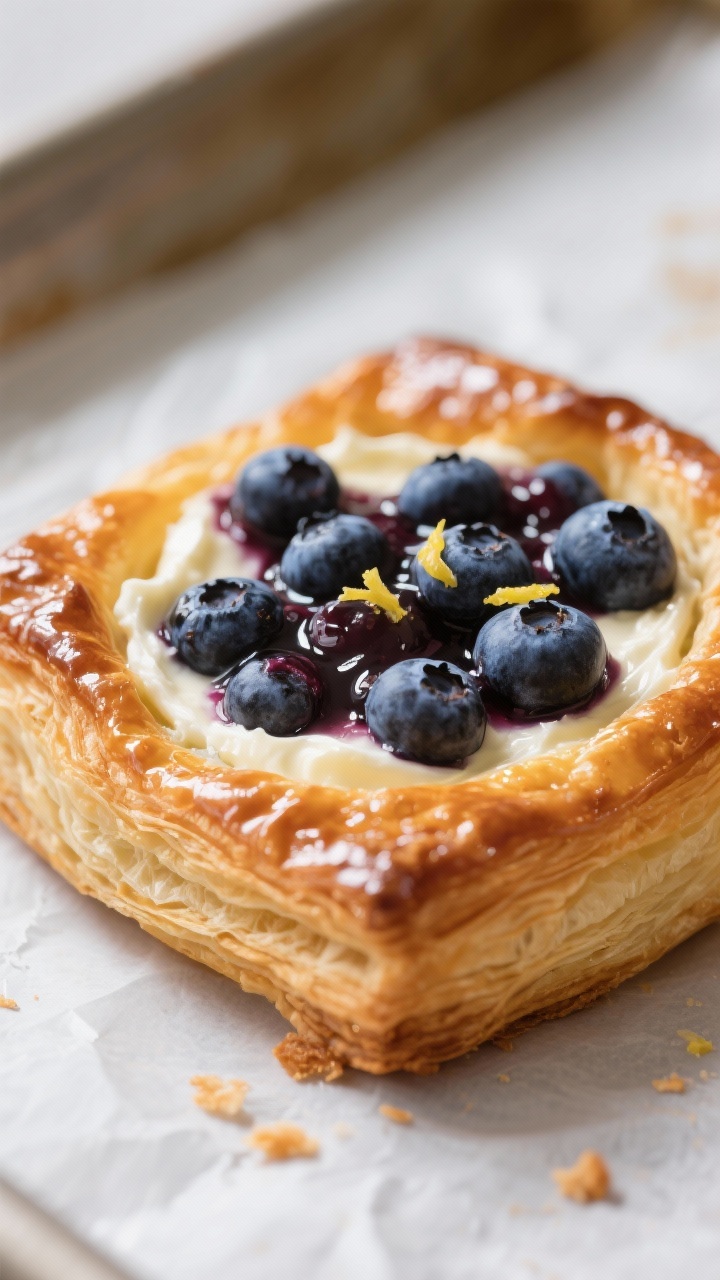 Close-up detail: A freshly baked blueberry Danish just out of the oven, puff pastry edges deeply gol