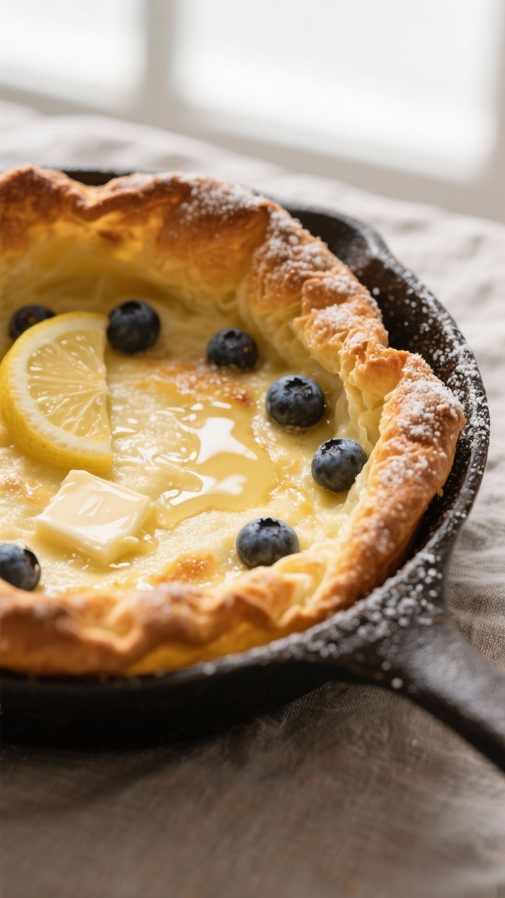 Close-up detail: A freshly baked keto Dutch baby in a 10-inch cast-iron skillet just out of the oven