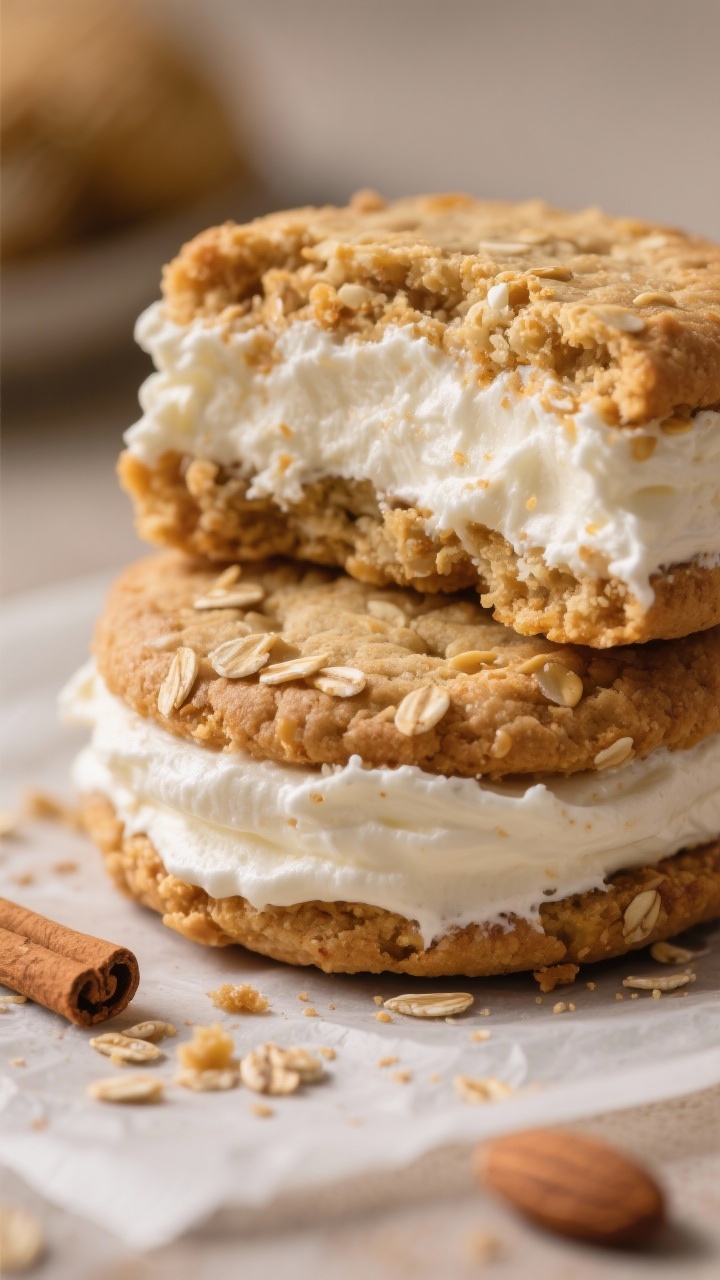 Close-up detail: A freshly baked keto oatmeal cream pie cookie sandwich split slightly to reveal the