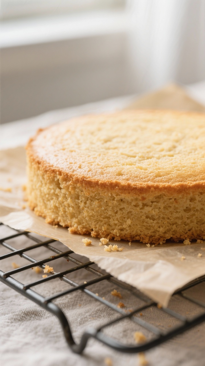 Close-up detail: A freshly baked keto vanilla cake just out of the pan, cooling on a wire rack with 