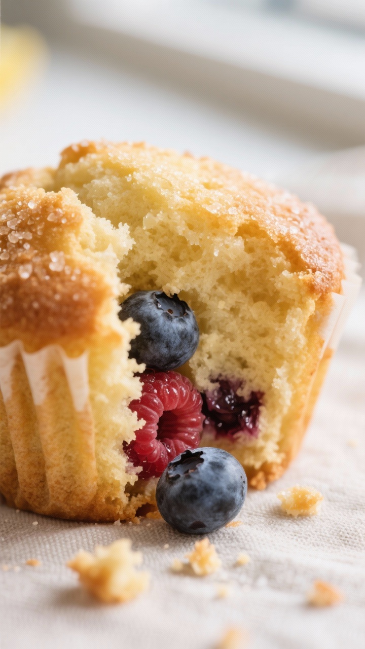 Close-up detail: A freshly baked lemon berry muffin torn open to reveal a tender, moist crumb with j