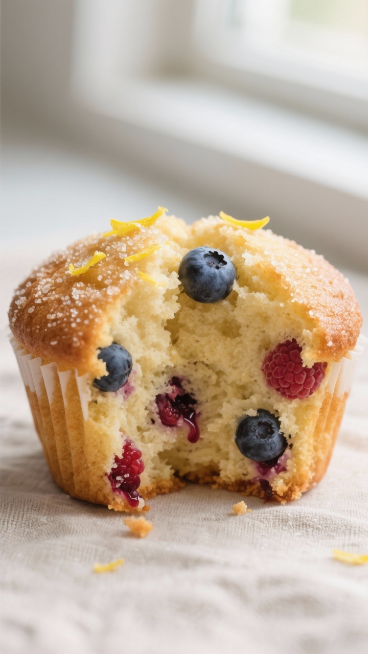 Close-up detail: A freshly baked lemon berry muffin torn in half to reveal a moist, tender crumb stu