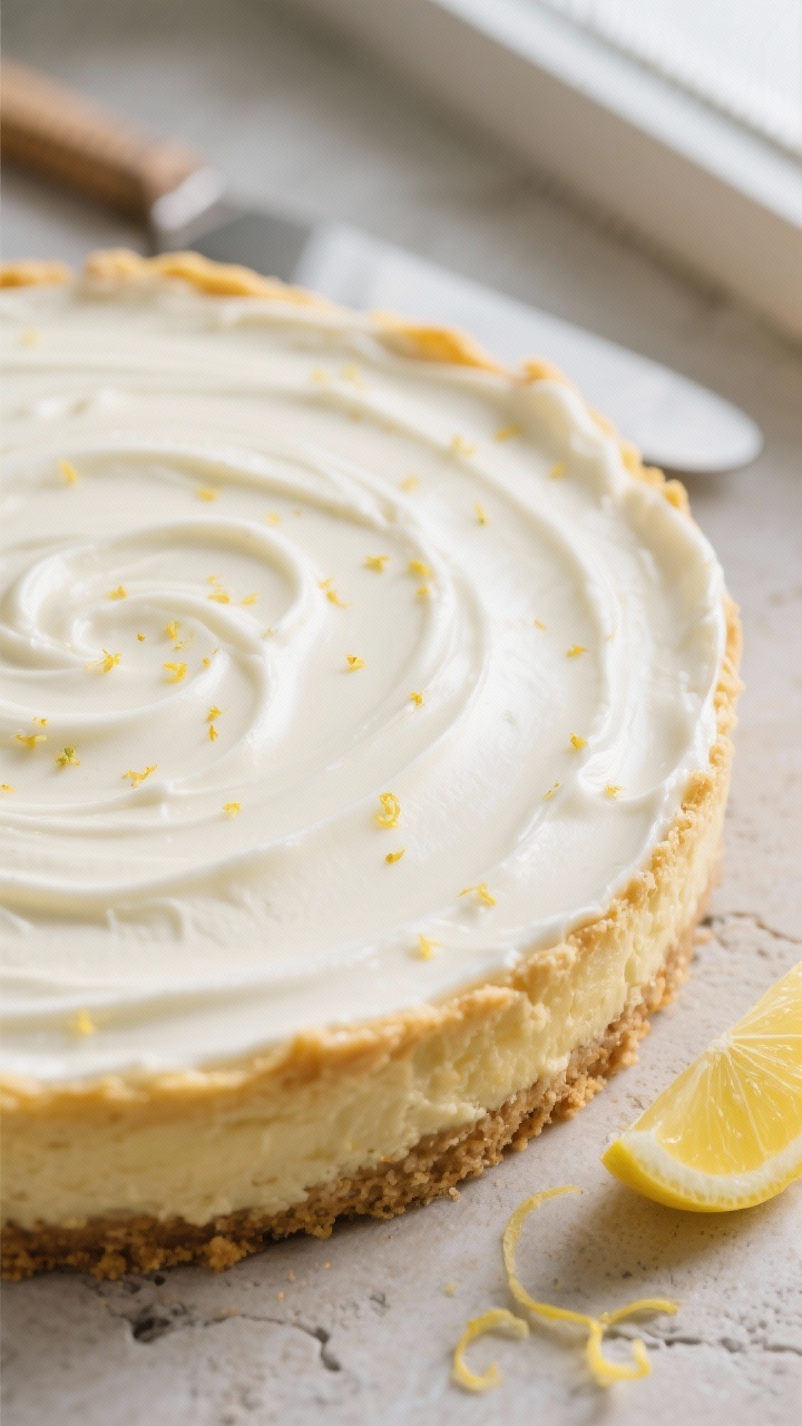 Close-up detail: A freshly baked lemon cheesecake just out of the oven with the silky sour cream top