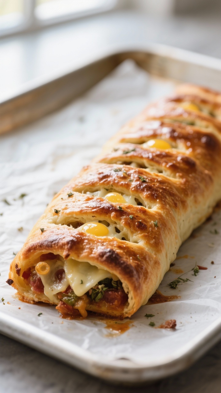Close-up detail: A freshly baked loaded stromboli just out of the oven, deep golden crust with gloss