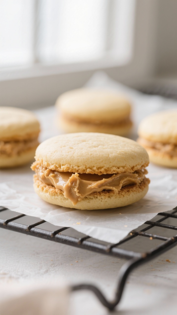 Close-up detail: A freshly baked peanut butter whoopie pie split open to reveal a thick, fluffy pean
