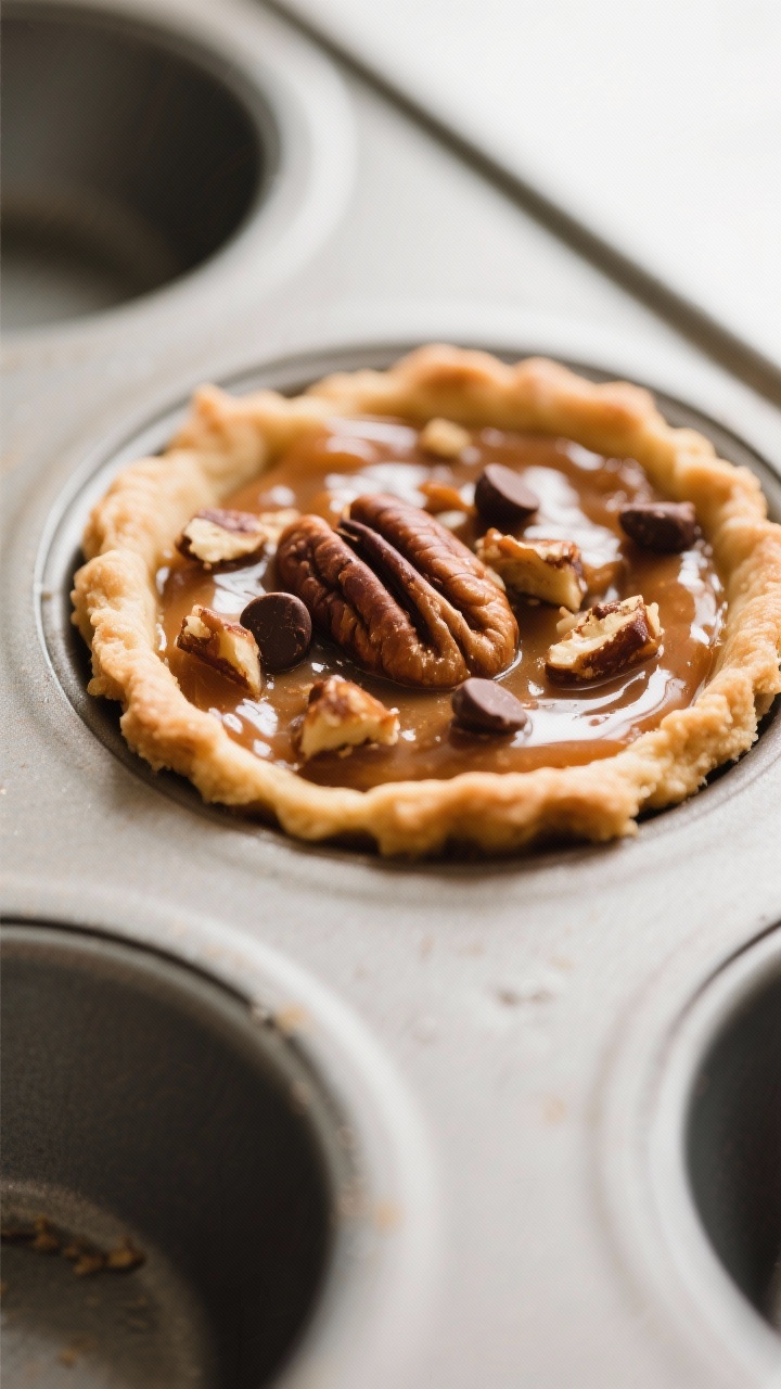 Close-up detail: A freshly baked pecan pie tart just out of the muffin tin, crust crisp and golden w