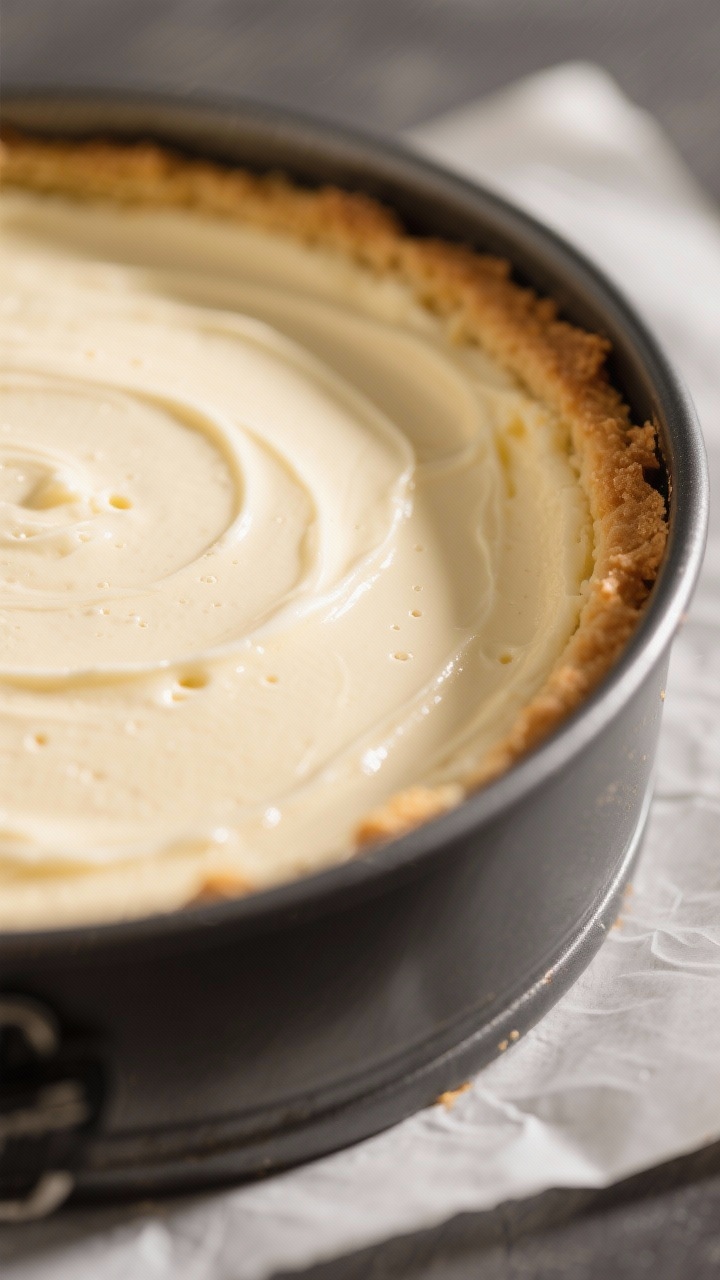 Close-up detail: A freshly baked protein cheesecake still in the springform pan, edges set with a ge