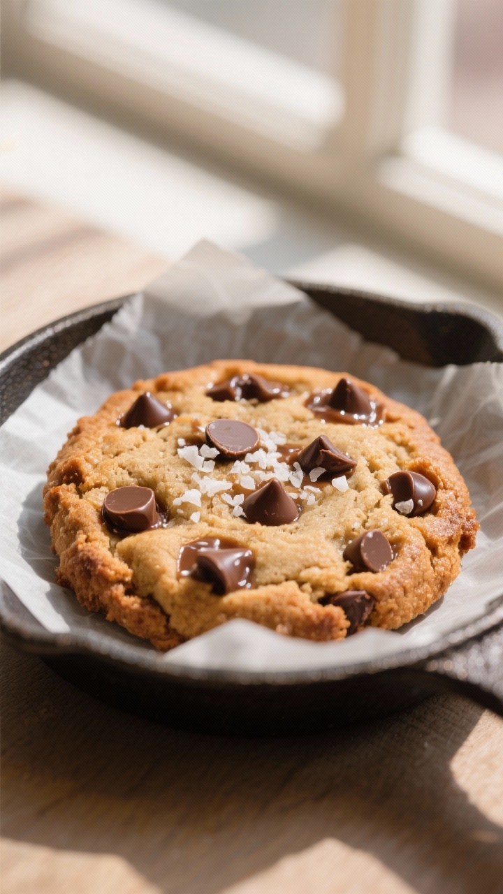 Close-up detail: A freshly baked single-serve chocolate chip cookie with crisp, caramelized edges an