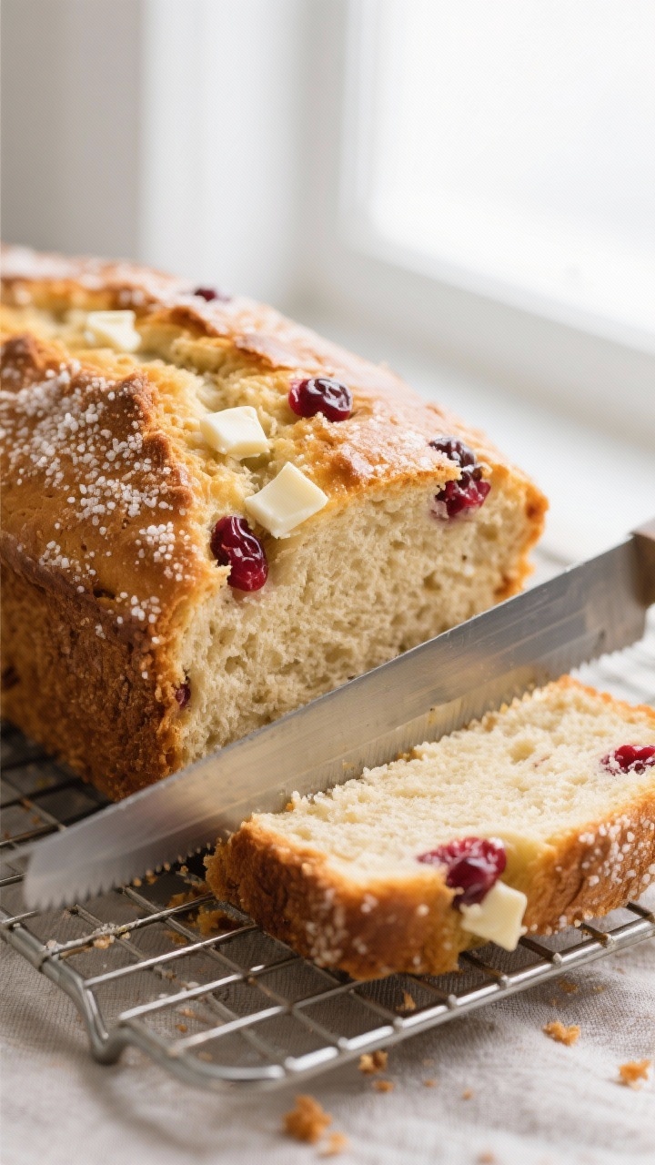 Close-up detail: A freshly baked White Chocolate Cranberry Bread loaf cooling on a wire rack, golden