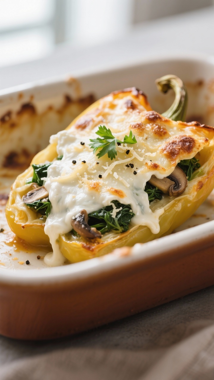 Close-up detail: A freshly baked White Lasagna Stuffed Pepper just out of the oven, cheese layer bub