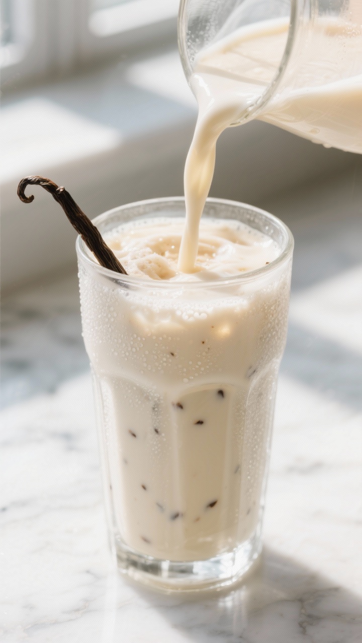 Close-up detail: A freshly blended Vanilla Bean Frappuccino mid-pour into a chilled clear glass, sil