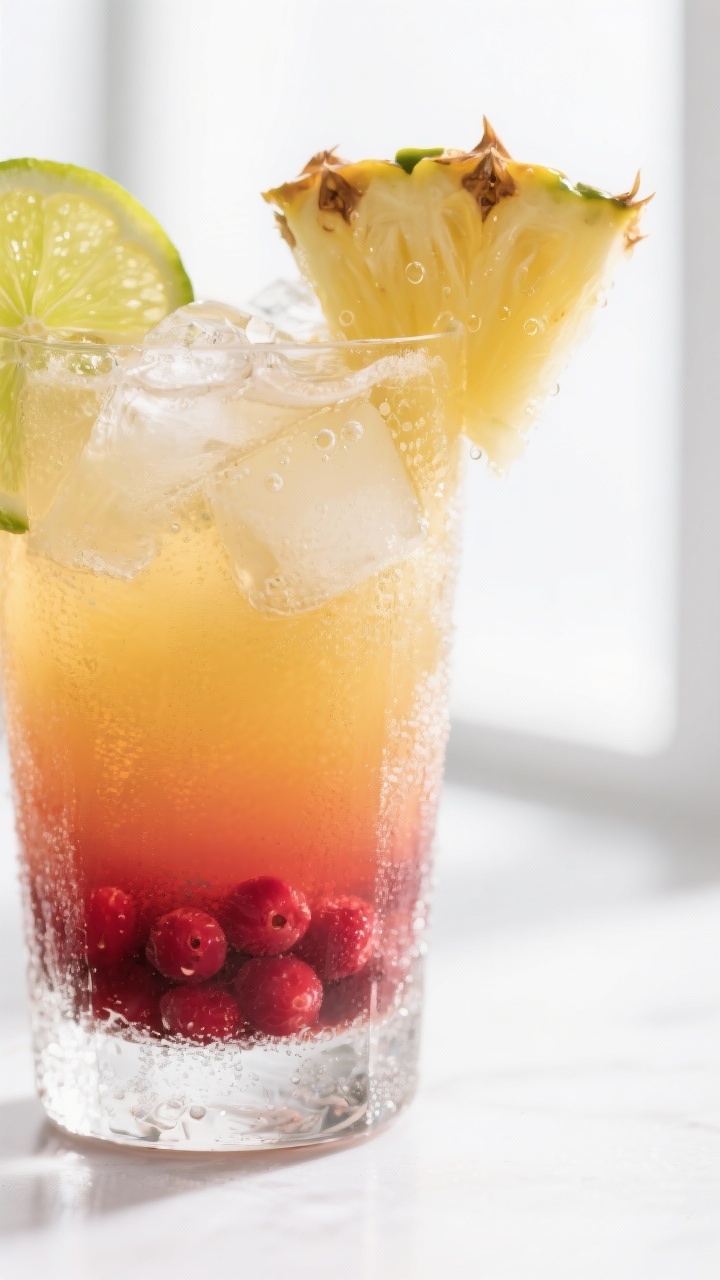 Close-up detail: A freshly built Malibu Bay Breeze in a highball glass, tight focus on the layered g
