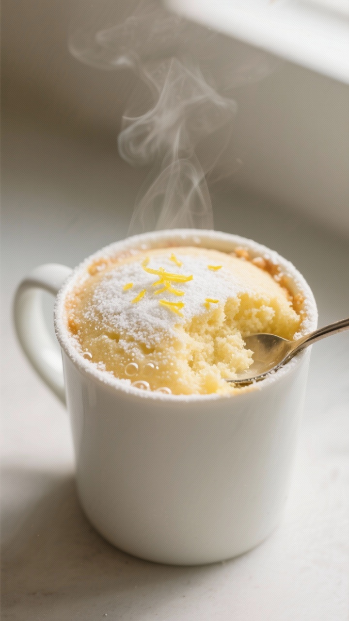 Close-up detail: A freshly cooked keto lemon mug cake still in a wide, straight-sided white mug, top