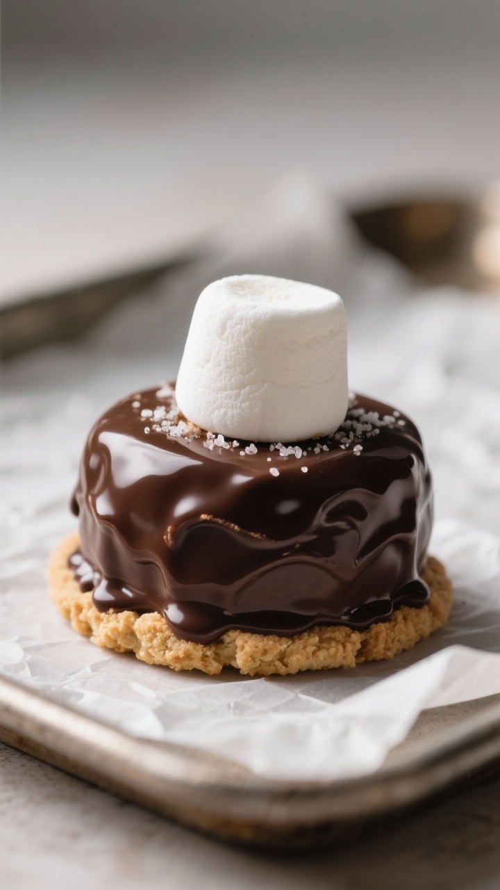 Close-up detail: A freshly dipped Keto Mallomar held upright on a parchment-lined tray, showcasing t
