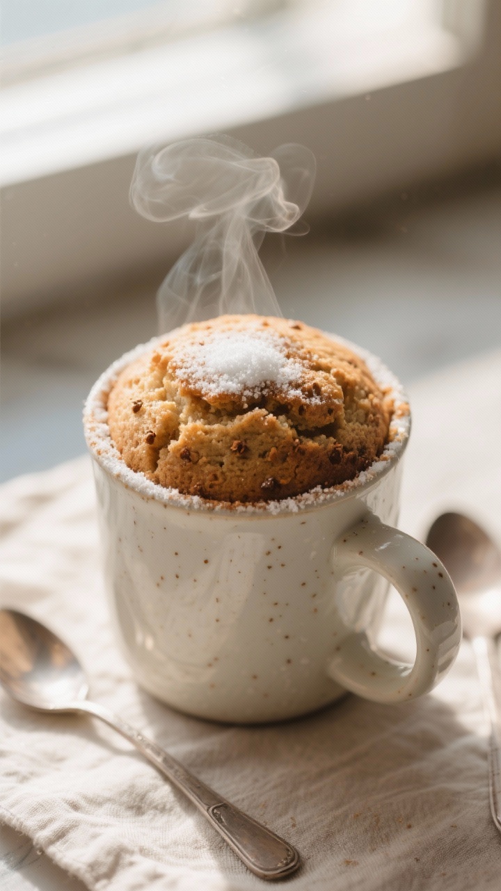 Close-up detail: A freshly microwaved keto cinnamon mug cake still in a 12-ounce ceramic mug, top ju