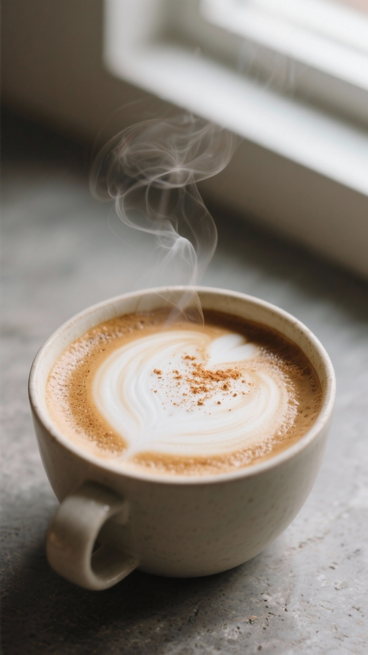 Close-up detail: A freshly poured sugar-free vanilla latte with silky microfoam layering over rich,