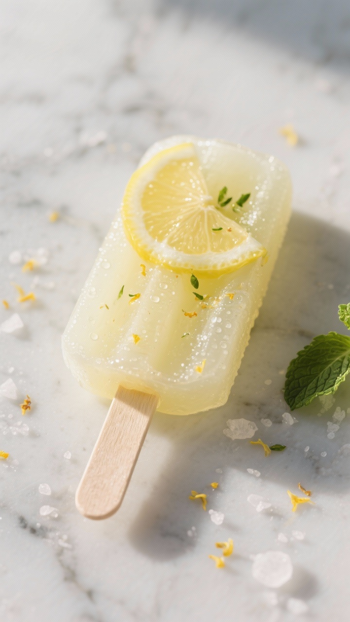 Close-up detail: A freshly unmolded Keto Lemonade Popsicle held upright on a marble surface, shimmer