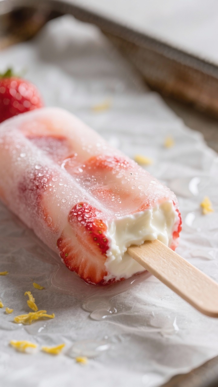 Close-up detail: A freshly unmolded strawberry popsicle with a glossy, frost-kissed surface and tiny