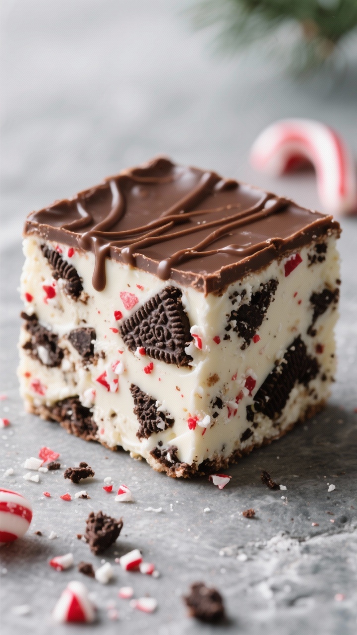 Close-up detail: A fudgy square of Peppermint Cookies and Cream Bars just after slicing, showing glo