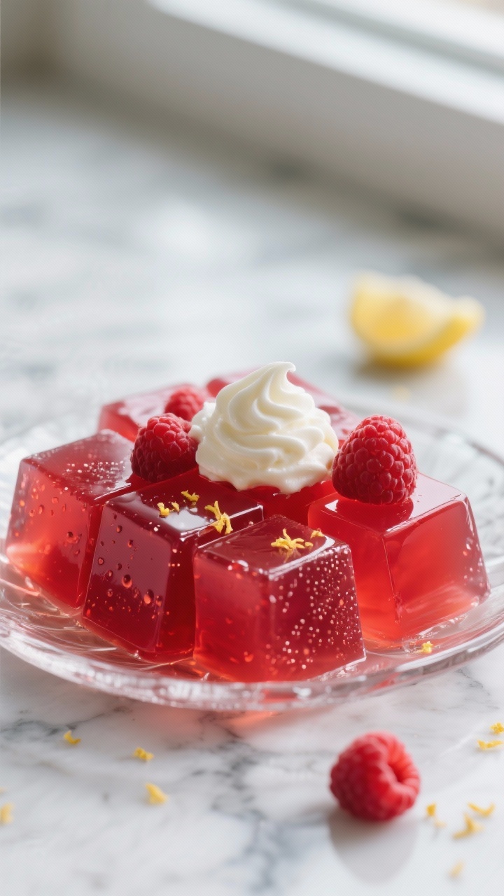 Close-up detail: A glass dish of freshly set, ruby-red keto jello cut into glossy cubes, edges clean
