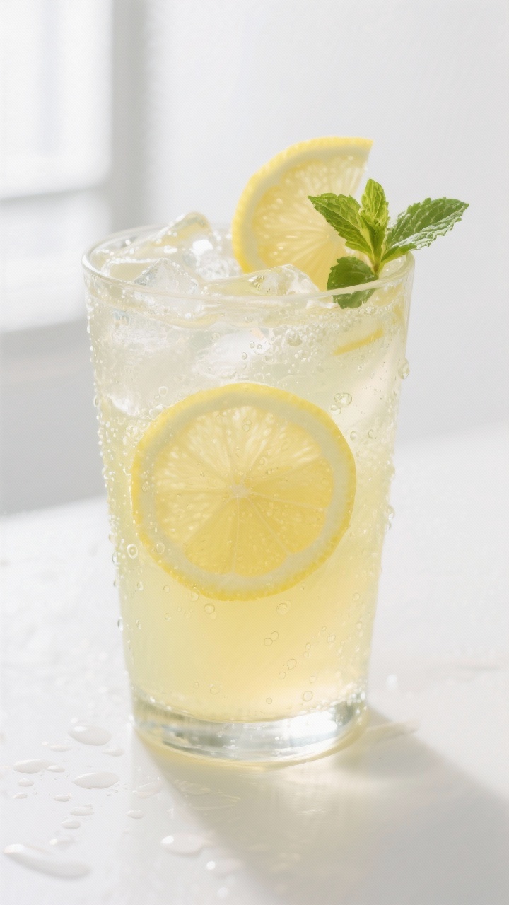 Close-up detail: A glass of sugar-free lemonade poured over clinking ice, tiny bubbles catching the 