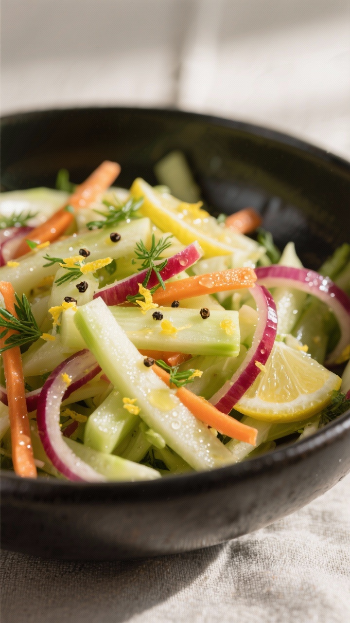 Close-up detail: A glossy bowl of prepared kohlrabi salad just after tossing—thin matchsticks of p