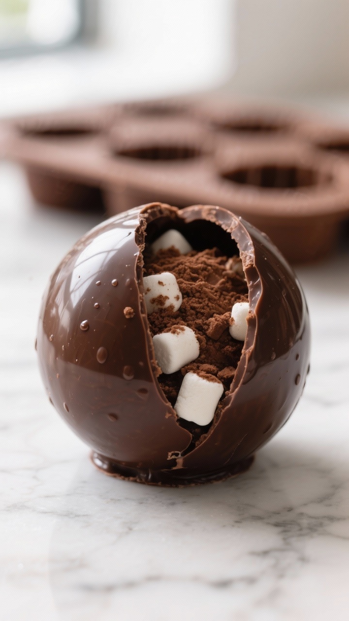 Close-up detail: A glossy keto hot chocolate bomb half-sphere being sealed—one filled shell with v