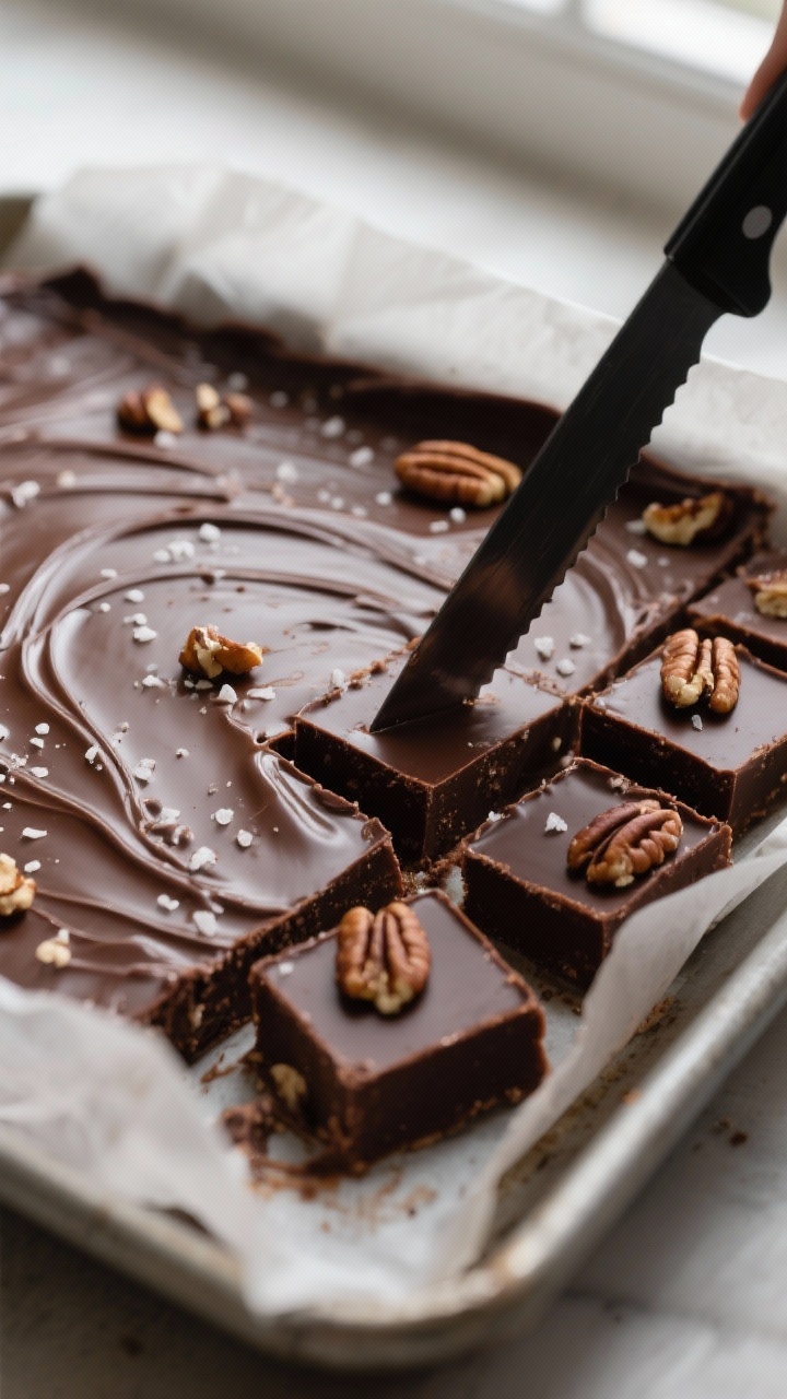 Close-up detail: A glossy slab of keto chocolate fudge just lifted from the pan, edges cleanly cut i