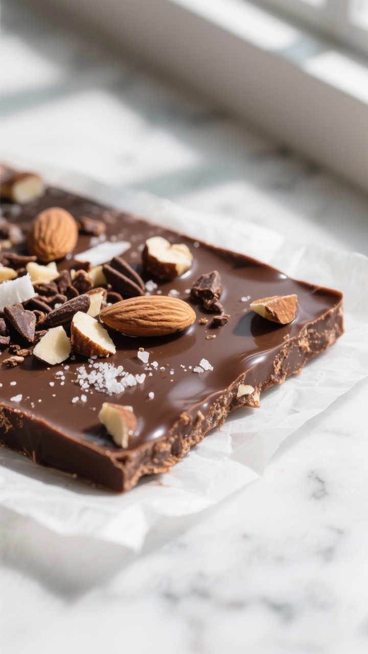 Close-up detail: A glossy slab of set keto chocolate candy just lifted from parchment, edges slightl