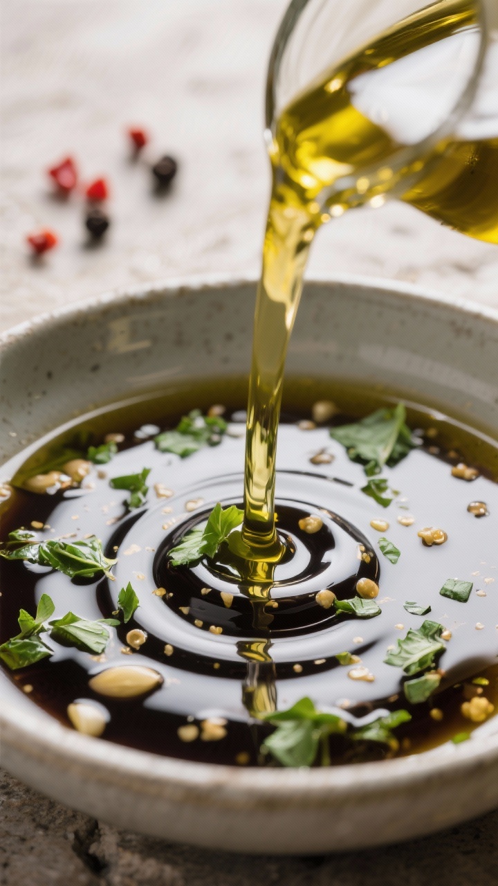 Close-up detail: A glossy stream of extra-virgin olive oil being slowly drizzled into a bowl of bals