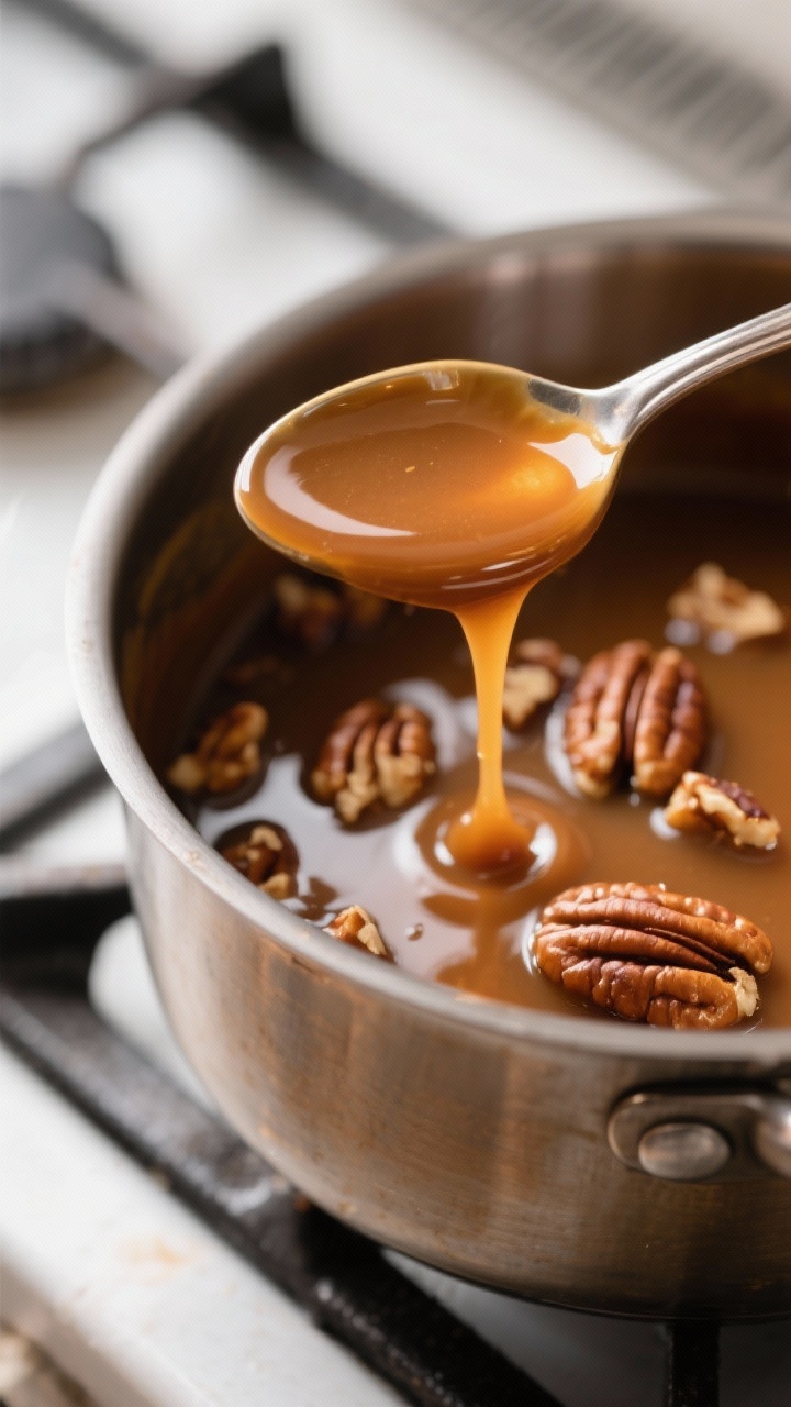 Close-up detail: A glossy stream of warm keto caramel pecan sauce coating the back of a spoon held o