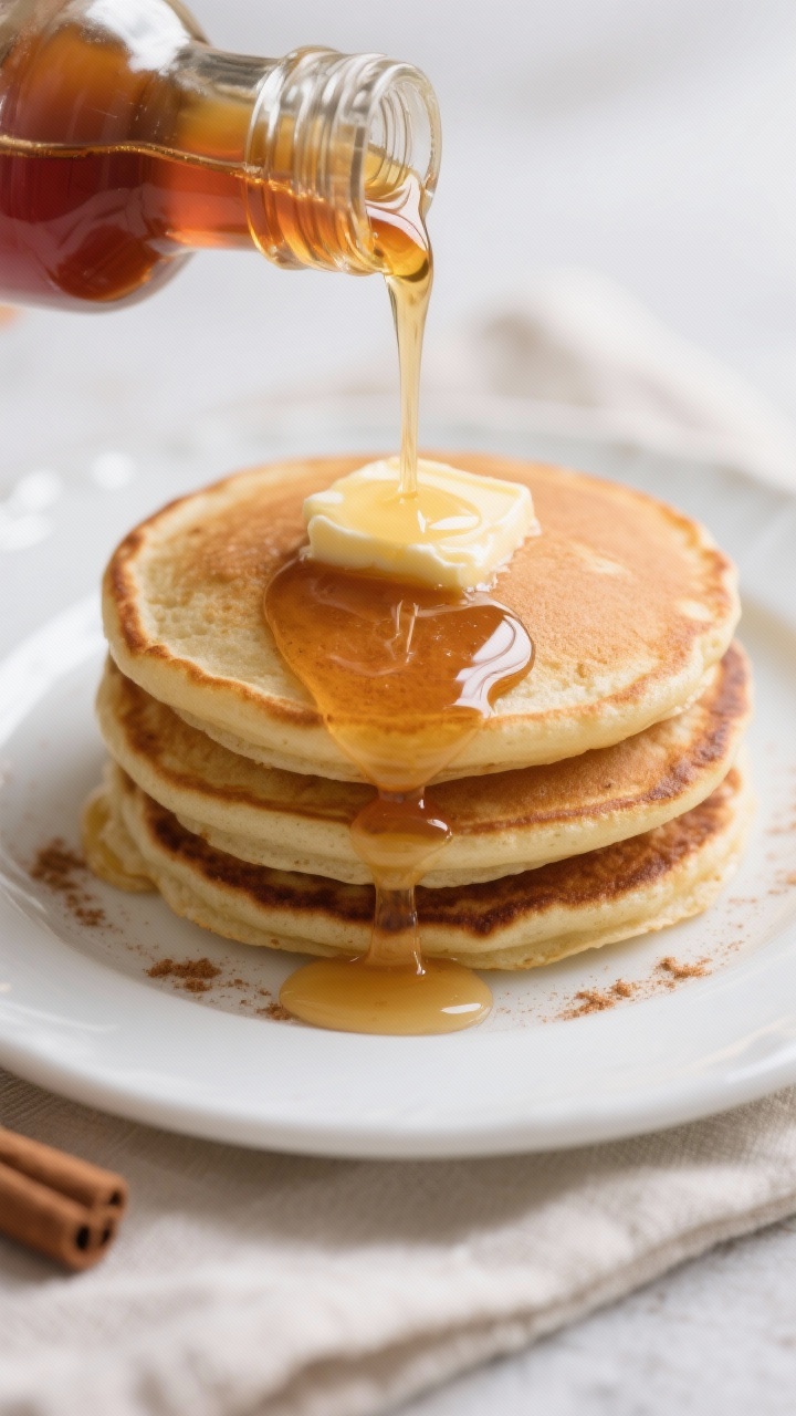 Close-up detail: A glossy stream of warm keto maple-style syrup being poured from a small glass bott