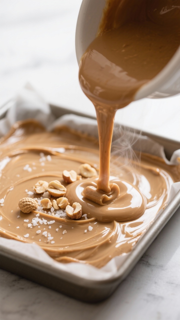 Close-up detail: A glossy stream of warm keto peanut butter fudge being poured into a parchment-line