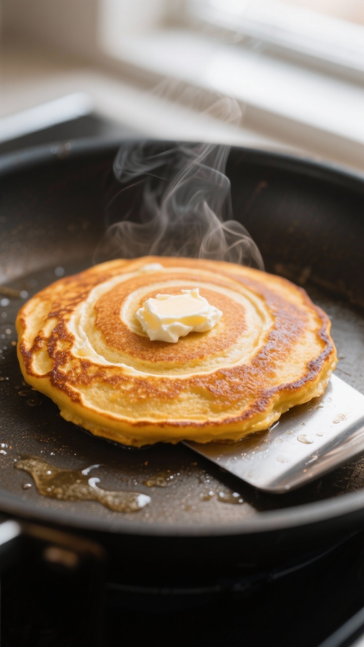 Close-up detail: A golden-brown pumpkin pancake just after flipping on a nonstick skillet, cream che