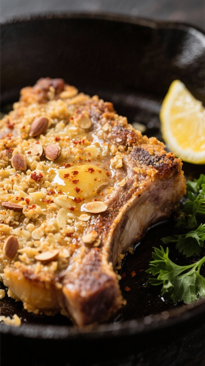 Close-up detail: A golden, parmesan–almond crusted pork chop just out of the oven, crust visibly c