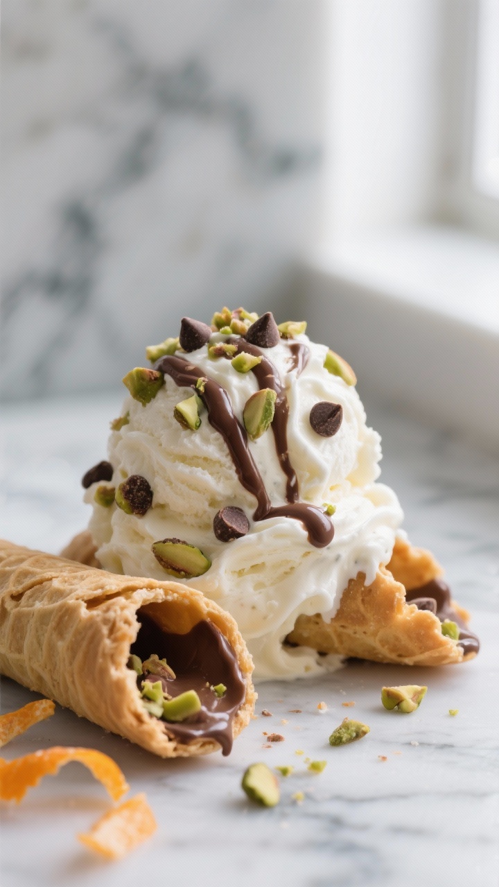 Close-up detail: A heaping scoop of cannoli ice cream just out of the freezer, showing silky ricotta