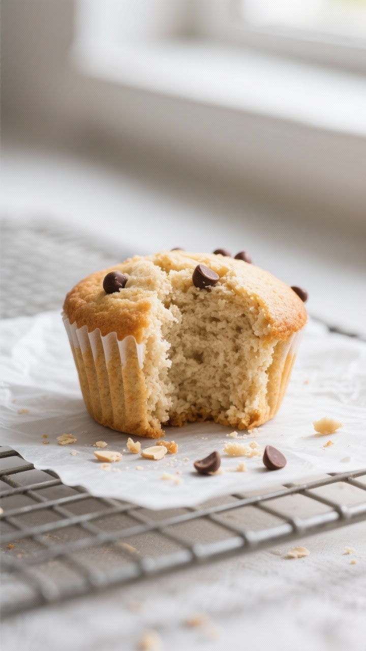 Close-up detail: A just-baked almond flour cupcake torn open to reveal a moist, tender crumb with a 