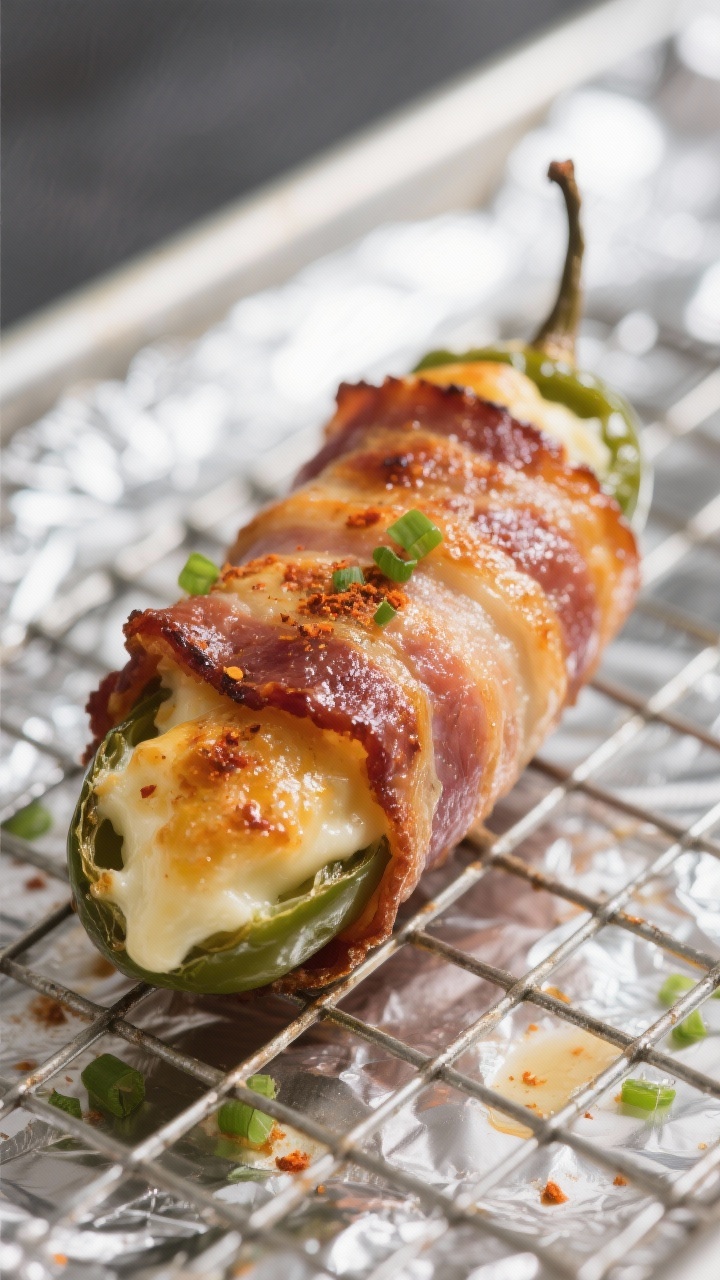 Close-up detail: A just-baked bacon-wrapped jalapeno popper resting on a wire rack over a foil-lined