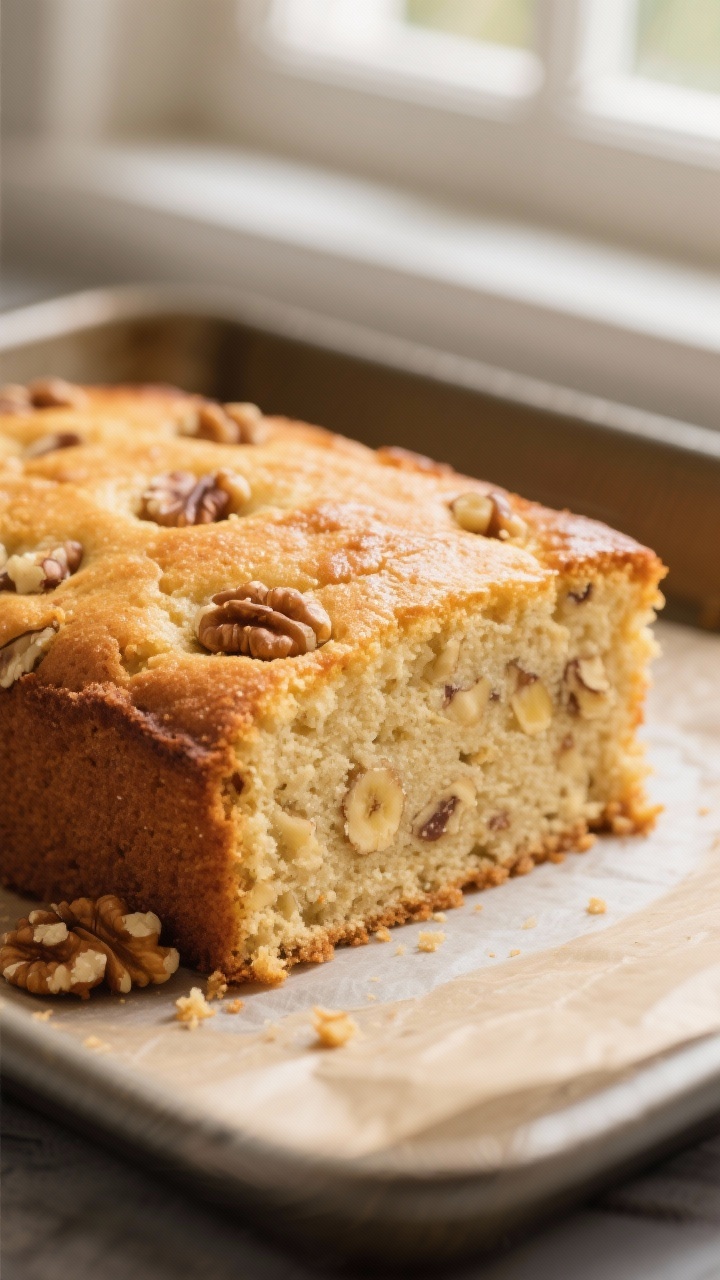 Close-up detail: A just-baked banana cake square cut from a 9x13 pan, crumb visibly soft and moist w