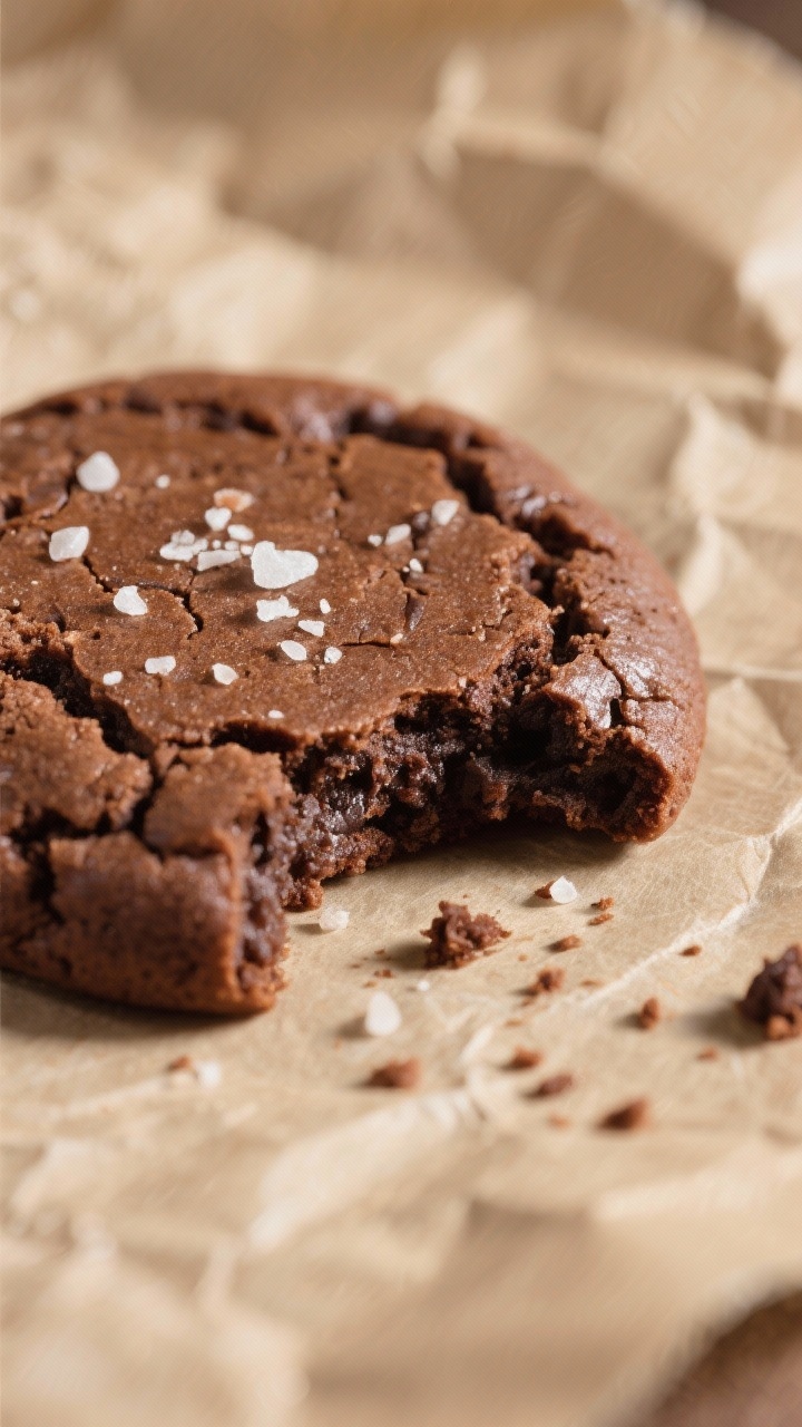 Close-up detail: A just-baked brownie cookie resting on parchment, showcasing a shiny, crackly top w