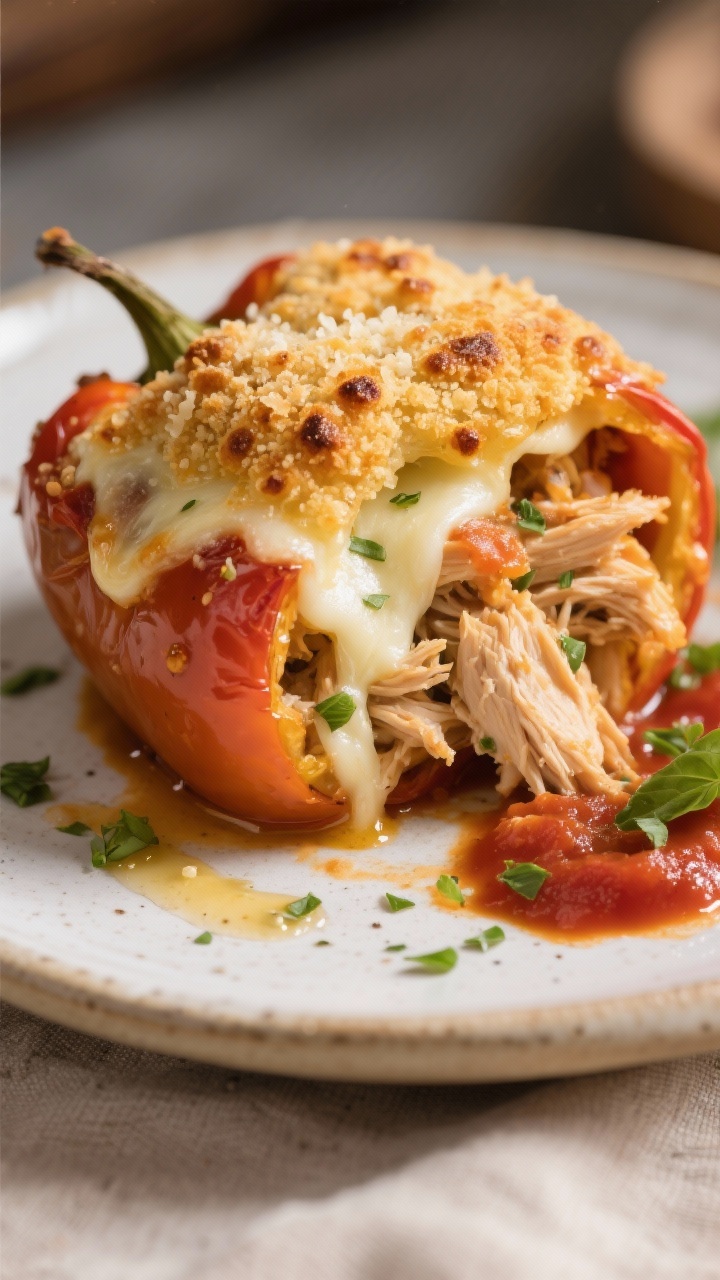 Close-up detail: A just-baked Chicken Parm Stuffed Pepper cut open to reveal juicy shredded chicken 