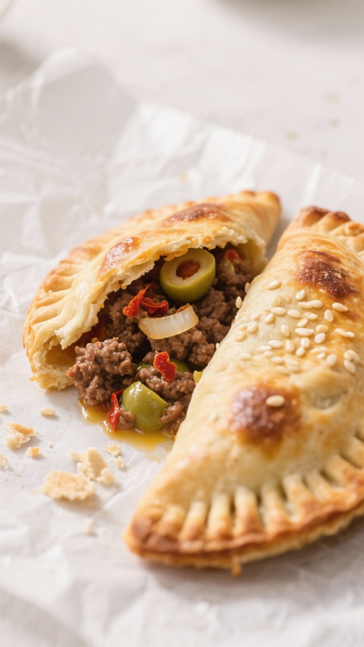 Close-up detail: A just-baked keto beef empanada cracked open to reveal juicy ground beef filling wi