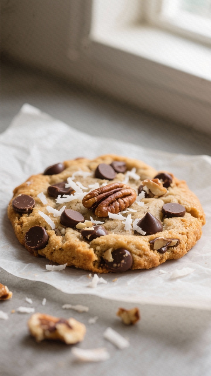 Close-up detail: A just-baked Keto Cowboy Cookie cooling on parchment, edges golden and crisp with a