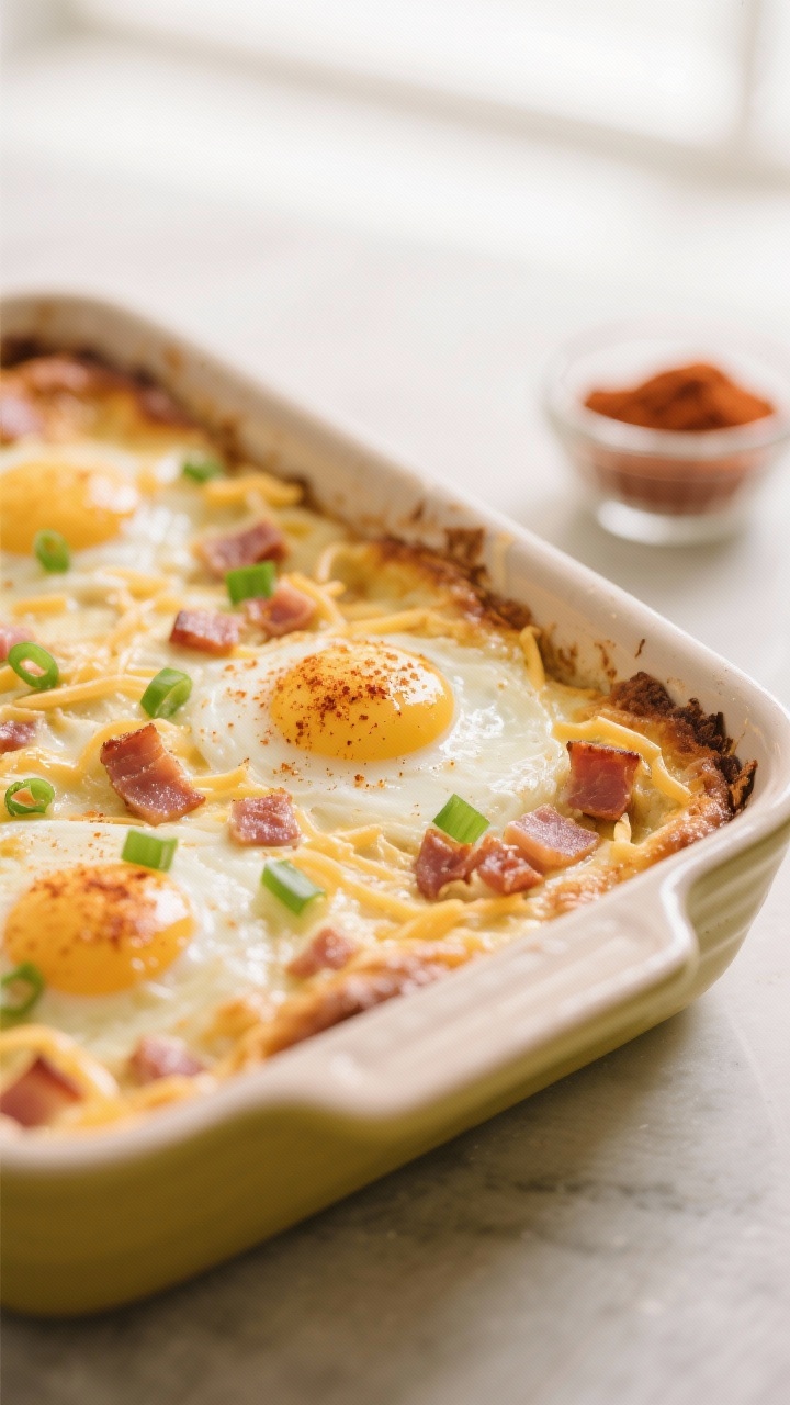 Close-up detail: A just-baked Keto Eggs Benedict Casserole resting on the counter after 10-minute re