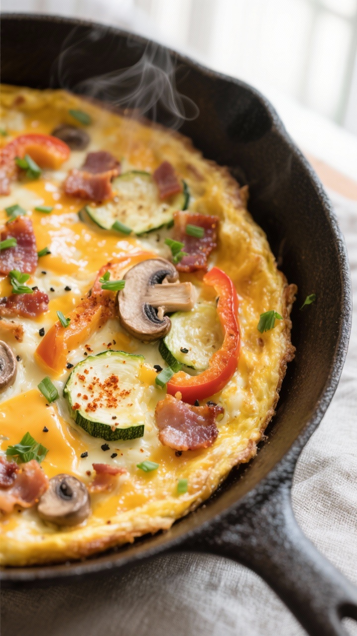 Close-up detail: A just-baked keto frittata in a 10-inch cast-iron skillet, center slightly wobbly w