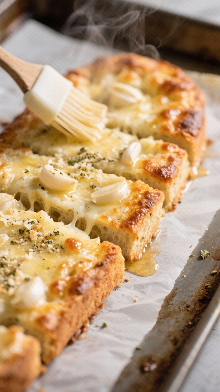 Close-up detail: A just-baked keto garlic bread slab fresh from the oven during the “brush and top