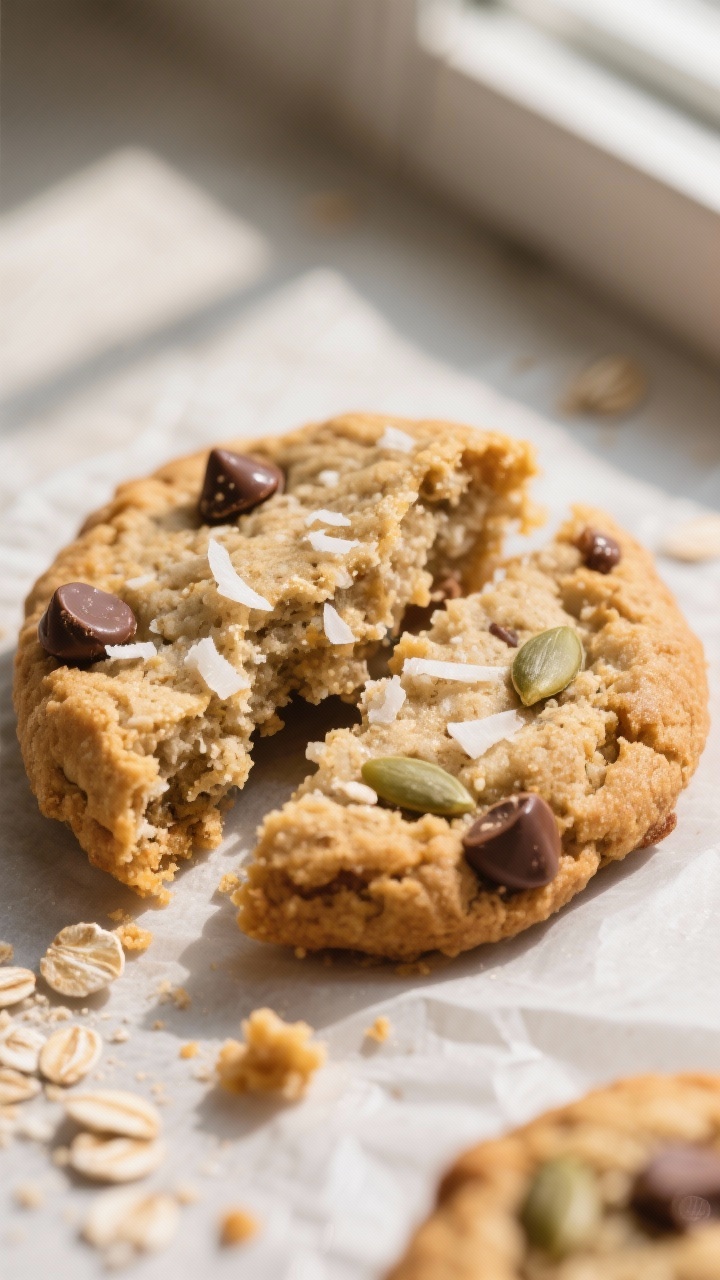 Close-up detail: A just-baked low carb “oatmeal” cookie broken in half to reveal a chewy center